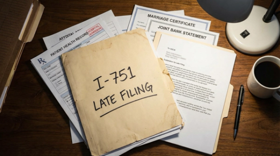 Document folder labeled I-751 late filing with important deadlines and memos