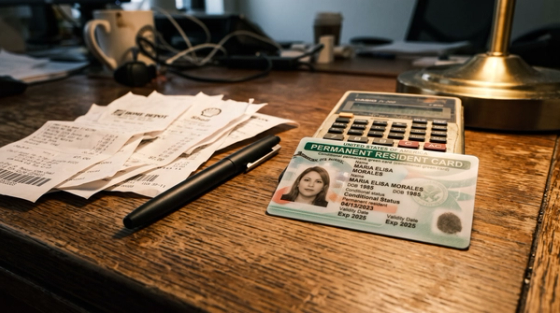 A conditional permanent resident card on a wooden desk beside a calculator, receipts and a pen, representing the cost of filing Form I-751 in 2026.