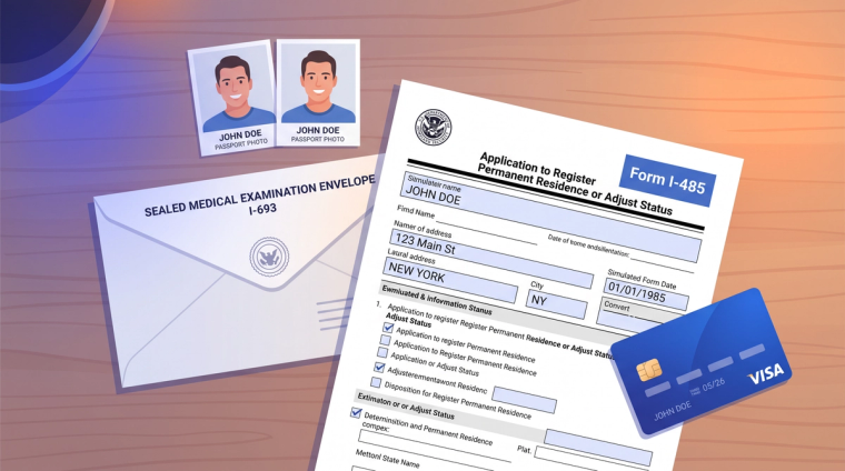 How to File I-485 2026 Complete Packet | Immiva Completed I-485 adjustment of status packet showing the 2026 form edition, sealed I-693 medical envelope, and passport photos ready for USCIS mailing