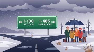 Family Green Card Backlog by Stage 2026 | Immiva A forking road with a highway sign pointing to the I-130 petition stage and the I-485 green card stage, illustrating the two stages of the 2026 family green card backlog.