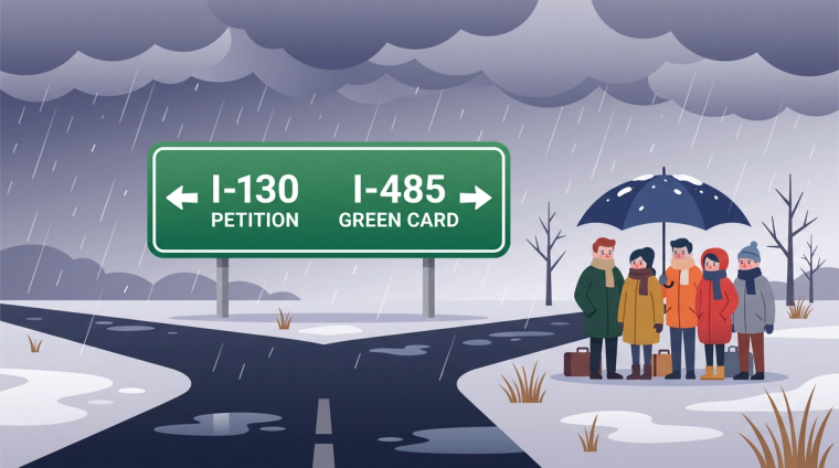 Family Green Card Backlog by Stage 2026 | Immiva A forking road with a highway sign pointing to the I-130 petition stage and the I-485 green card stage, illustrating the two stages of the 2026 family green card backlog.