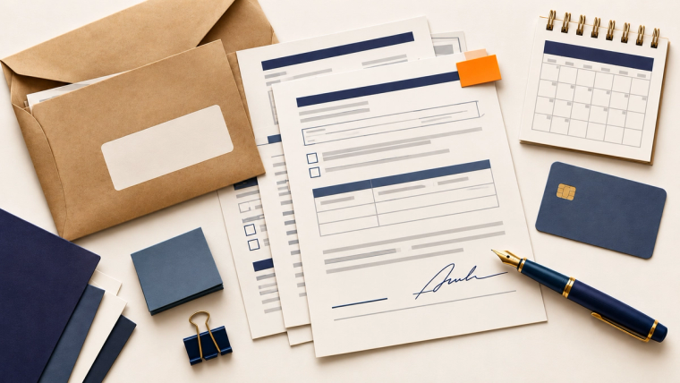 USCIS Rejected Application: Correct and Refile | Immiva Returned USCIS application packet with a signature pen, payment card, and calendar, ready to correct and refile after a rejection