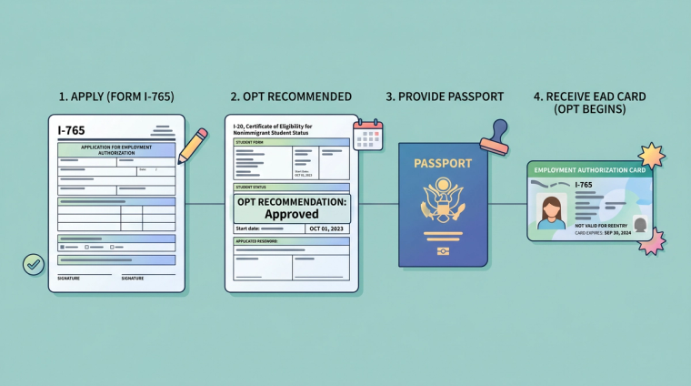 OPT I-765 to EAD Card Timeline | Immiva OPT application documents arranged in timeline order: the I-20 with OPT recommendation, Form I-765, and the approved EAD card.