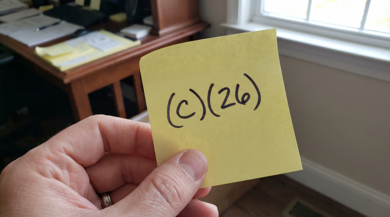 Hand holding a yellow sticky note with (c)(26) written on it, representing the J-2 dependent spouse EAD eligibility category for Form I-765