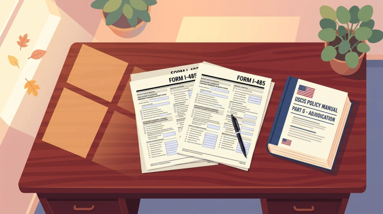 I-485 Adjustment of Status After Overstay | Immiva Two Form I-485 documents and a pen beside a USCIS Policy Manual on adjustment of status, on a wooden desk