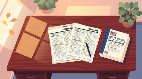 Two Form I-485 documents and a pen beside a USCIS Policy Manual on adjustment of status, on a wooden desk