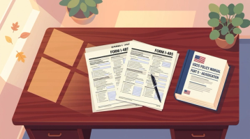 Two Form I-485 documents and a pen beside a USCIS Policy Manual on adjustment of status, on a wooden desk