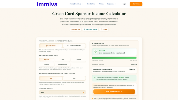 Green Card Sponsor Income Calculator Full Tool | Immiva Immiva Green Card Sponsor Income Calculator showing sponsor inputs on the left and a 2026 results panel on the right with the $27,050 income line