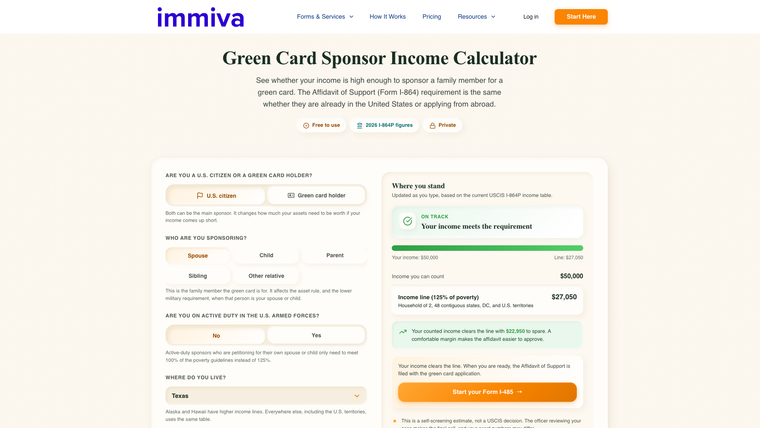 Immiva Green Card Sponsor Income Calculator showing sponsor inputs on the left and a 2026 results panel on the right with the $27,050 income line