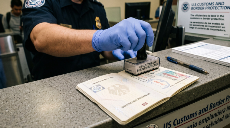 Inspected and Admitted at a US Port of Entry | Immiva US Customs and Border Protection officer stamping ADMITTED into a passport at a port of entry, the lawful admission that Form I-485 adjustment of status requires
