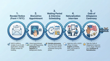 N-400 Naturalization Timeline Five Steps From Filing to Oath | Immiva Five-step timeline infographic showing the N-400 naturalization process from receipt notice and biometrics through interview and oath of allegiance ceremony