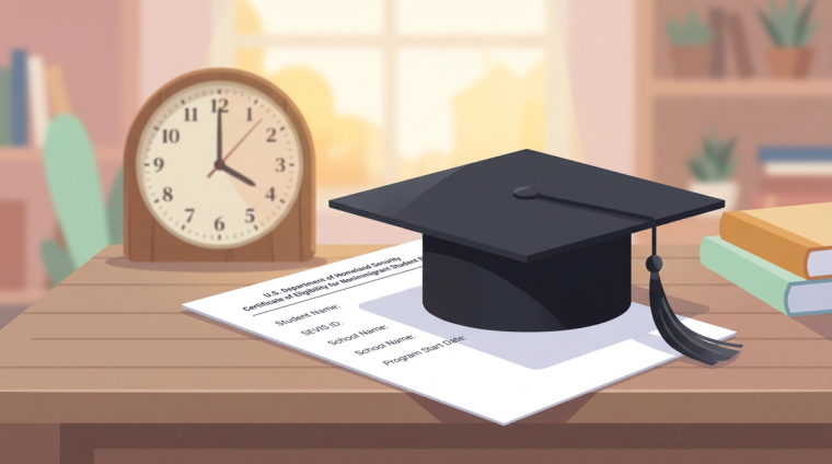Filing I-765 After the F-1 60-Day Grace Period | Immiva Graduation cap resting on a document beside a clock, illustrating the F-1 60-day grace period deadline for filing Form I-765