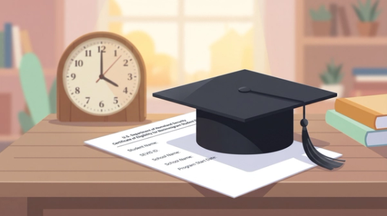 Graduation cap resting on a document beside a clock, illustrating the F-1 60-day grace period deadline for filing Form I-765
