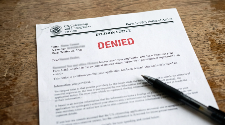 USCIS Denial Rates 2026 Denied Decision Notice | Immiva A USCIS Form I-797C decision notice stamped DENIED on a desk with a pen, illustrating rising USCIS denial rates in 2026