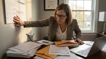 Woman Checking H-4 EAD Renewal Deadline on Calendar | Immiva Worried professional woman looking at a calendar checking H-4 EAD renewal deadline