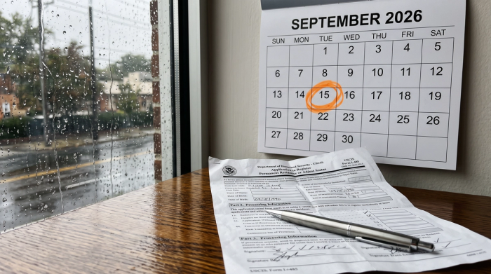 September 15 2026 USCIS Form Edition Deadline Calendar | Immiva Calendar showing September 15, 2026 circled, marking the USCIS deadline for new Form I-765 and I-539 editions