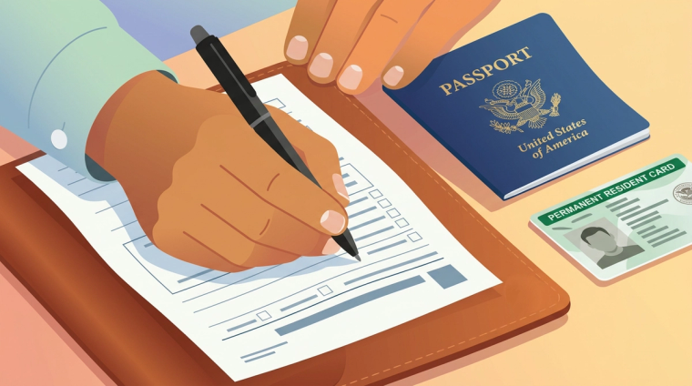Signing Form I-130A Spouse Petition with Passport and Green Card | Immiva Close-up of a hand signing the Form I-130A supplemental information for spouse beneficiary next to a US passport and permanent resident green card