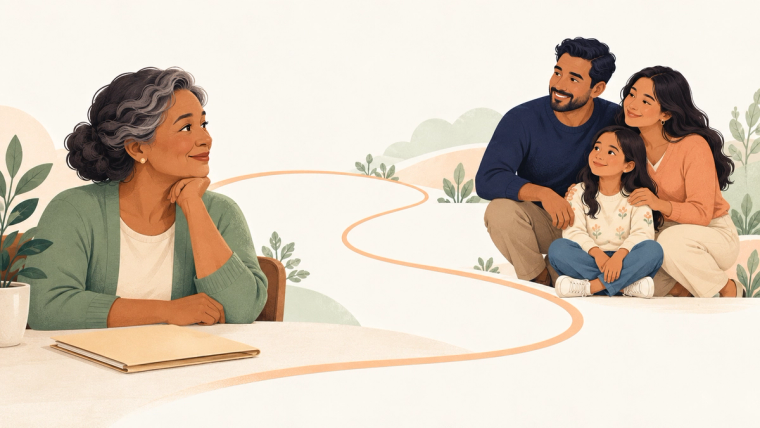 F3 family petition: a parent and her married child | Immiva An older mother and her married adult son, his wife and their child connected by a winding path on a cream background.