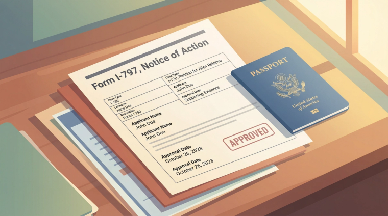 I-130 Approval Notice Form I-797 With Immigration Documents | Immiva I-130 approval notice Form I-797 alongside immigration documents showing next steps after approval