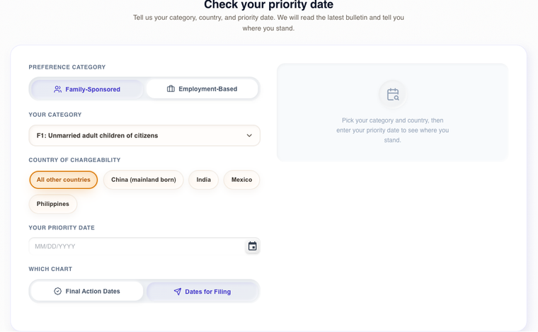 Immiva Visa Bulletin Checker input panel with preference category, country of chargeability, priority date field, and Final Action Dates or Dates for Filing chart toggle