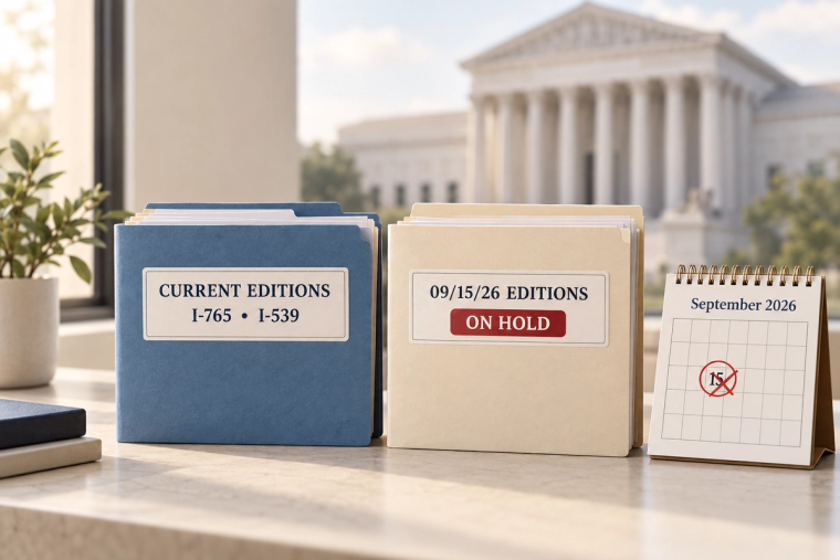 USCIS Forms Put on Hold September 15 2026 | Immiva Current USCIS I-765 and I-539 editions beside the planned 09/15/26 editions marked on hold after a federal court order.