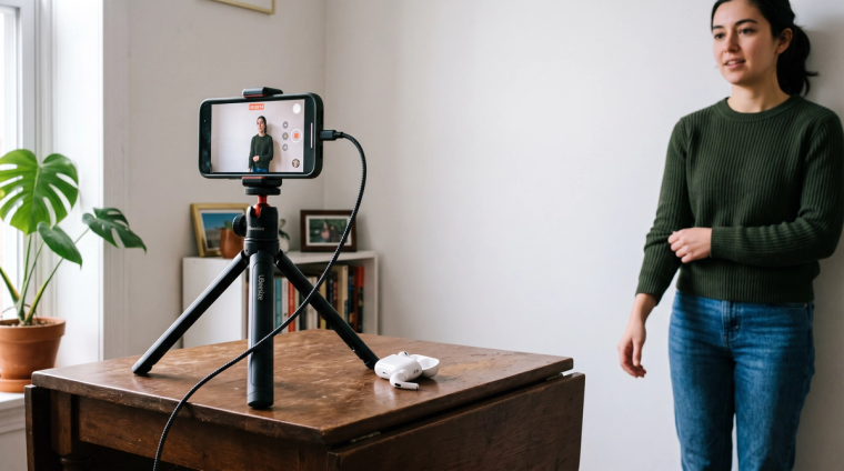 How to Take a USCIS Passport Photo at Home | Immiva Phone on a tripod photographing a person standing against a plain white wall in window light, the at-home setup for taking a USCIS 2x2 passport photo