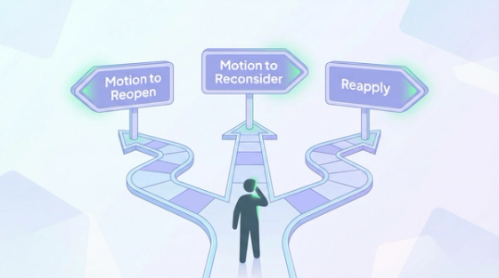 J-2 EAD denied options decision | Immiva Three recovery paths after J-2 EAD denial showing motion to reopen, motion to reconsider, and reapplication options