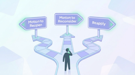 Three recovery paths after J-2 EAD denial showing motion to reopen, motion to reconsider, and reapplication options