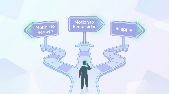 J-2 EAD denied options decision | Immiva Three recovery paths after J-2 EAD denial showing motion to reopen, motion to reconsider, and reapplication options