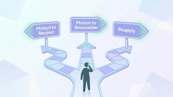 Three recovery paths after J-2 EAD denial showing motion to reopen, motion to reconsider, and reapplication options