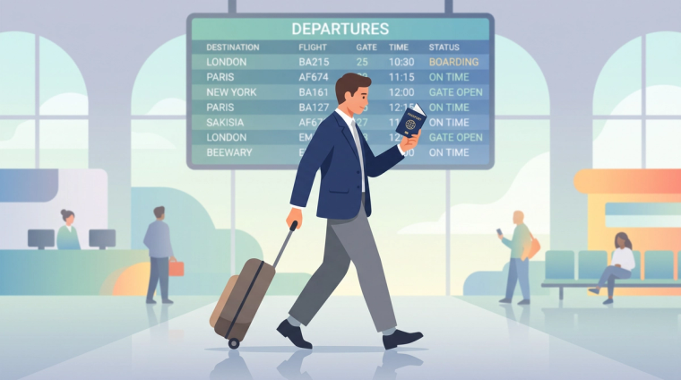 Businessperson with a suitcase and passport at an airport departures board, illustrating travel on advance parole