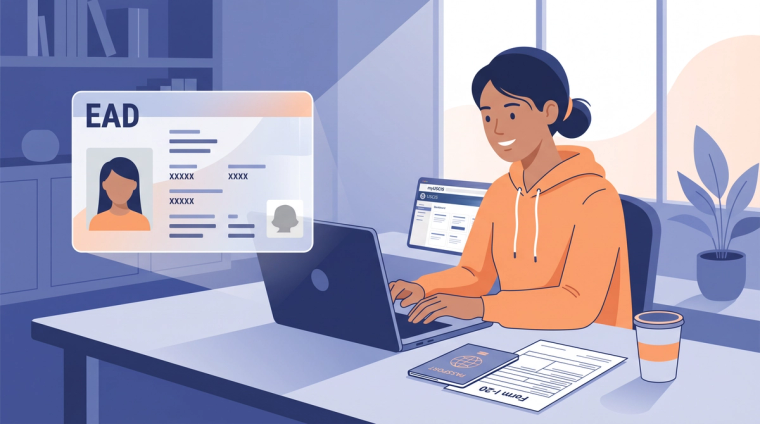 Smiling F-1 student filing Form I-765 on a laptop with a floating EAD work authorization card and the USCIS portal on screen