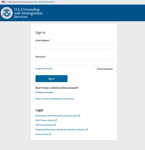 myUSCIS Sign-In Page to Reschedule USCIS Biometrics
