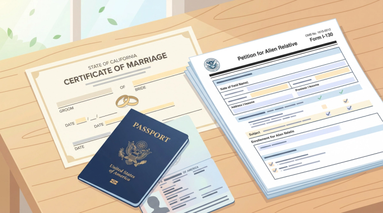 I-130 for Spouse Required Documents | Immiva Marriage certificate, passport, and I-130 form arranged on a desk for spouse petition filing