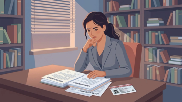 Worried Woman Reviewing Divorce Papers and EAD Card | Immiva Hispanic woman in a grey business suit reviewing divorce agreement papers and employment authorization document at a desk, illustrating J-2 EAD status after divorce