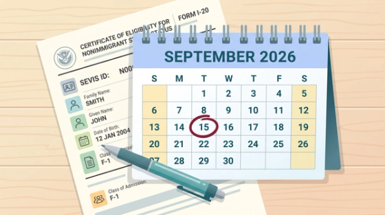 OPT Filing Deadline September 15 2026 Calendar | Immiva Desk calendar turned to September 2026 with the 15th circled beside a Form I-20, marking the date the OPT filing deadline drops to 30 days after the program end date