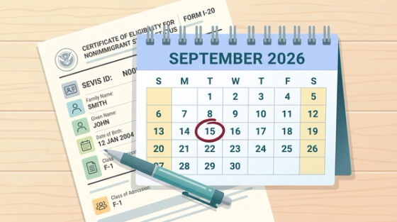 Desk calendar turned to September 2026 with the 15th circled beside a Form I-20, marking the date the OPT filing deadline drops to 30 days after the program end date