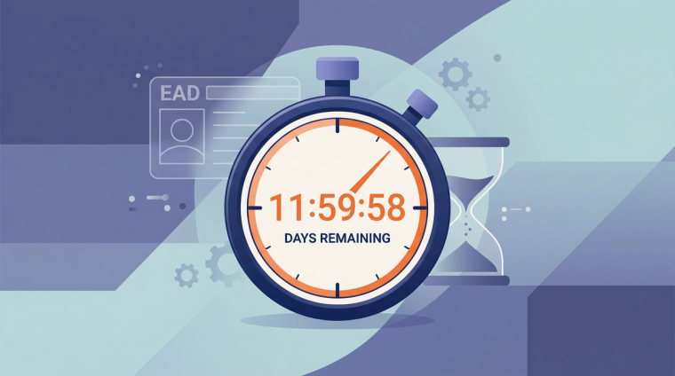 OPT Unemployment Countdown: 90 and 150 Day Limits | Immiva Stopwatch showing days remaining beside an hourglass and an EAD card, illustrating OPT unemployment day limits