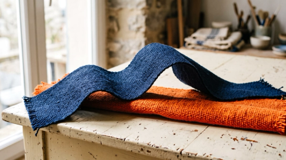 USCIS Backlog Growing: Aged Cases Outpacing New Filings | Immiva Two stacked woven bands in navy and orange on a cream table, the upper band swelling across the frame to represent the aged portion of the USCIS backlog growing over time.