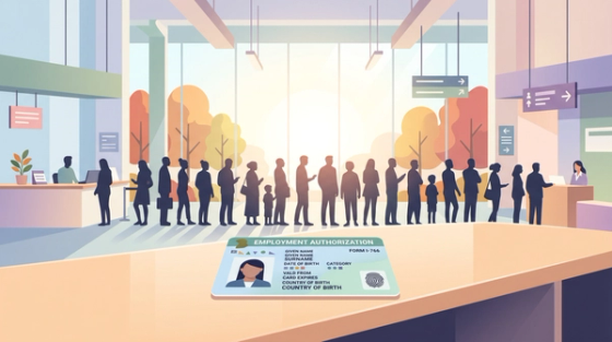 An Employment Authorization Document (Form I-765 EAD card) in the foreground with a long line of applicants waiting at a USCIS office, illustrating the 2026 EAD renewal backlog.