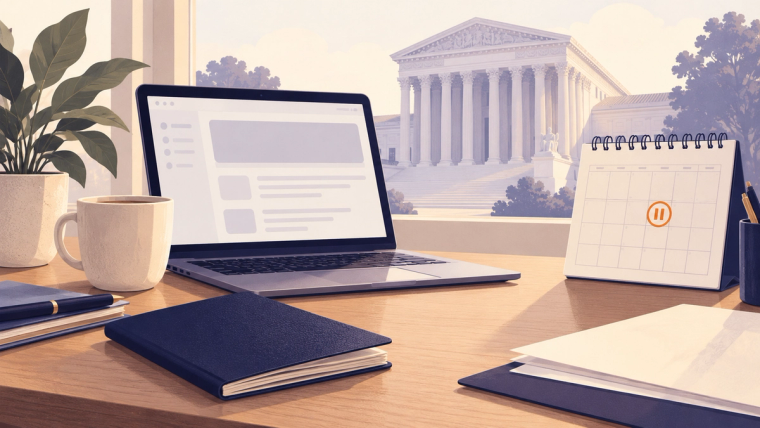DV-2027 court ruling and registration uncertainty | Immiva DV-2027 court ruling illustration with a navy passport, laptop, courthouse, and calendar bearing a pause symbol.