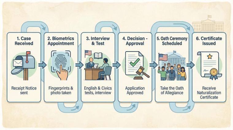 N-400 Naturalization Six-Step Process Flowchart | Immiva Six-stage illustrated flowchart showing the N-400 citizenship process from case received and biometrics through interview, oath ceremony, and certificate issued