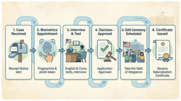 Six-stage illustrated flowchart showing the N-400 citizenship process from case received and biometrics through interview, oath ceremony, and certificate issued