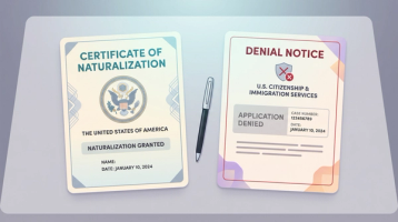 N-400 Outcomes Approved or Denied | Immiva A Certificate of Naturalization marked granted next to a USCIS denial notice marked application denied, representing the two possible N-400 citizenship case outcomes.