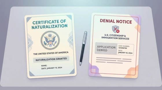 N-400 Outcomes Approved or Denied | Immiva A Certificate of Naturalization marked granted next to a USCIS denial notice marked application denied, representing the two possible N-400 citizenship case outcomes.