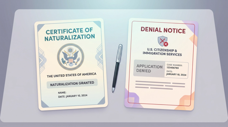 N-400 Outcomes Approved or Denied | Immiva A Certificate of Naturalization marked granted next to a USCIS denial notice marked application denied, representing the two possible N-400 citizenship case outcomes.