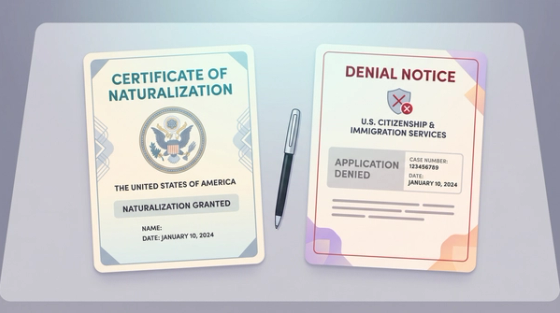 A Certificate of Naturalization marked granted next to a USCIS denial notice marked application denied, representing the two possible N-400 citizenship case outcomes.