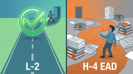 Split illustration contrasting an easy L-2 path with a green checkmark against a difficult H-4 EAD path blocked by stacks of immigration paperwork