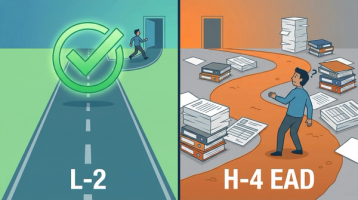 L-2 Automatic Work Authorization vs H-4 EAD Paperwork Comparison | Immiva Split illustration contrasting an easy L-2 path with a green checkmark against a difficult H-4 EAD path blocked by stacks of immigration paperwork