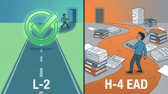 L-2 Automatic Work Authorization vs H-4 EAD Paperwork Comparison | Immiva Split illustration contrasting an easy L-2 path with a green checkmark against a difficult H-4 EAD path blocked by stacks of immigration paperwork